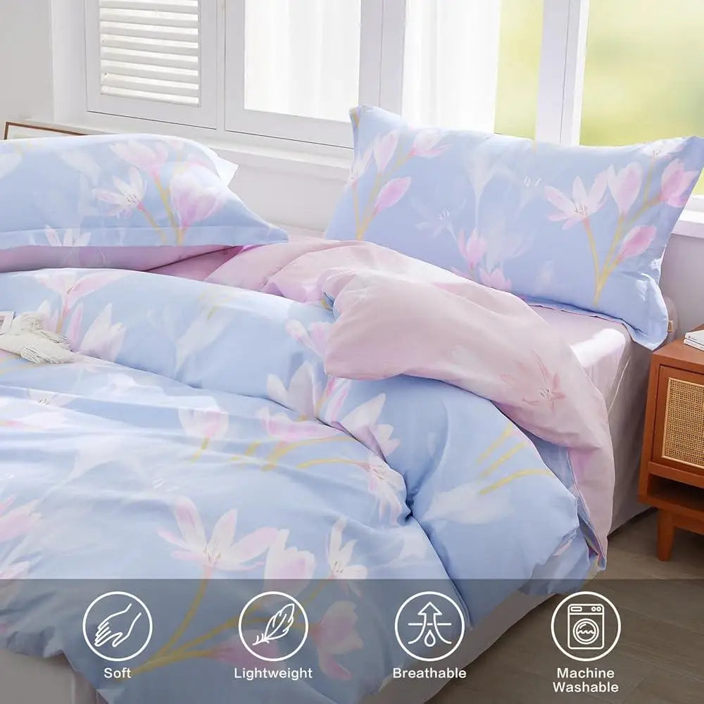 Floral Cotton Duvet Cover Set Full Size 3pcs Magnolia Blossom Printed Comforter Cover Soft Durable Machine Washable Bedding