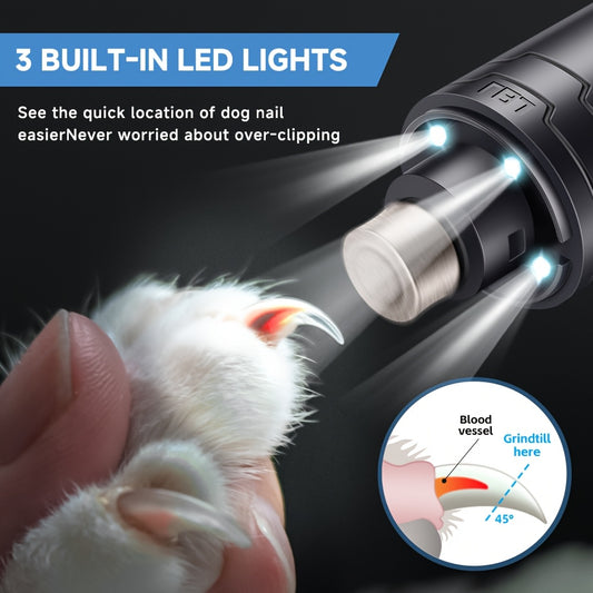 [Quiet Electric Nail Grinder] Rechargeable Quiet Electric Dog & Nail Grinder - 3-Stage Grinding System, 3 LED Lights, Safe for Large/Small Dogs, Cats, Small Animals - Pet Nail Trimmer
