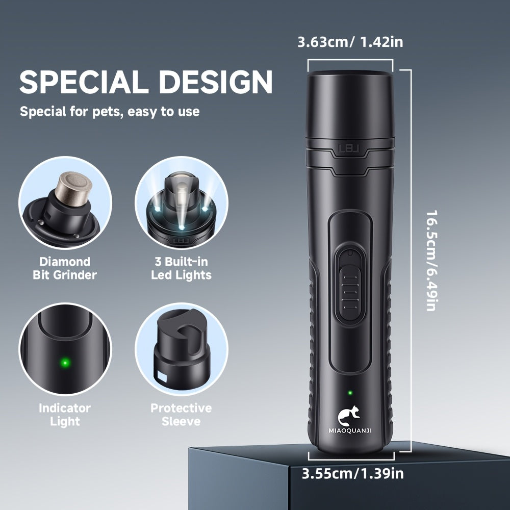 [Quiet Electric Nail Grinder] Rechargeable Quiet Electric Dog & Nail Grinder - 3-Stage Grinding System, 3 LED Lights, Safe for Large/Small Dogs, Cats, Small Animals - Pet Nail Trimmer