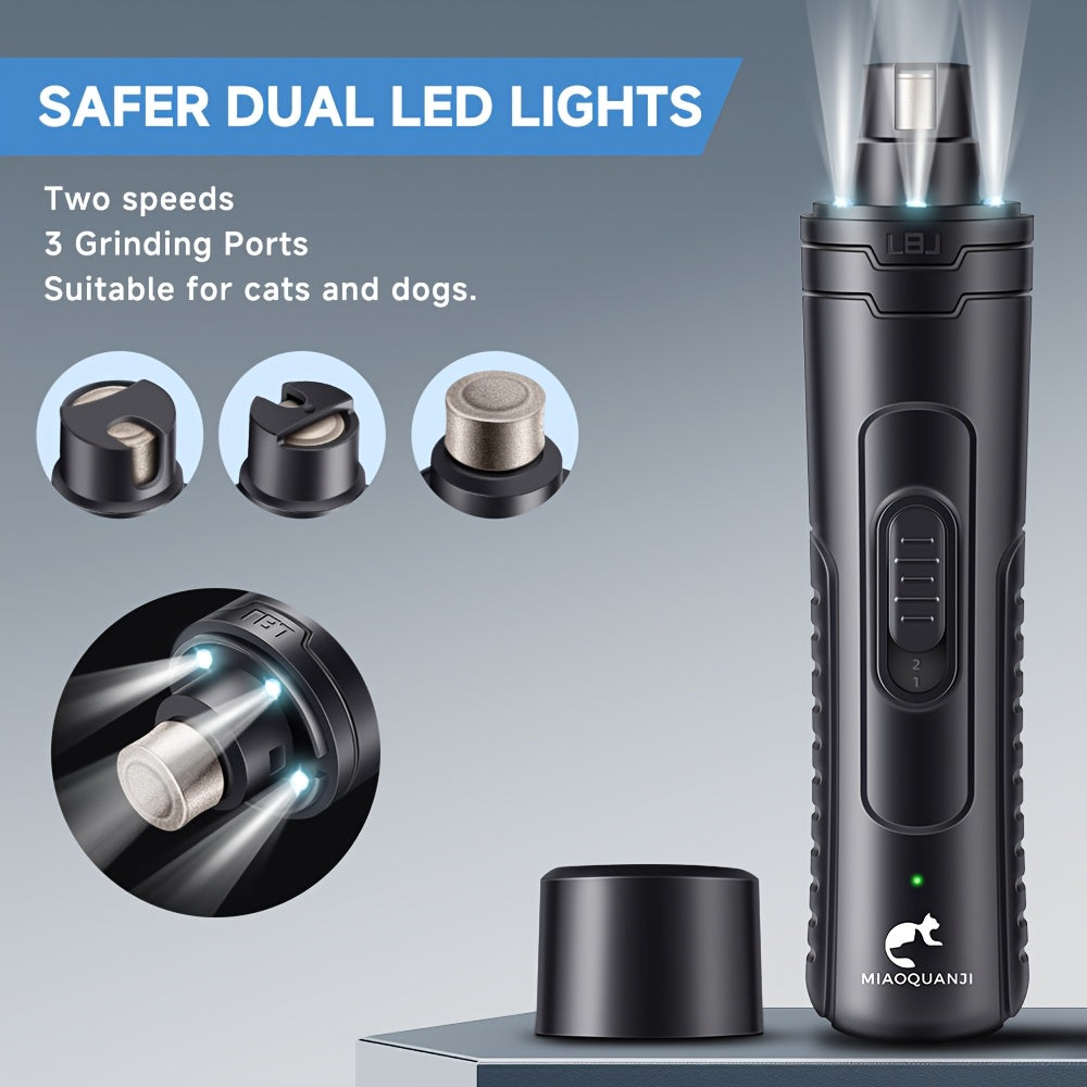 [Quiet Electric Nail Grinder] Rechargeable Quiet Electric Dog & Nail Grinder - 3-Stage Grinding System, 3 LED Lights, Safe for Large/Small Dogs, Cats, Small Animals - Pet Nail Trimmer