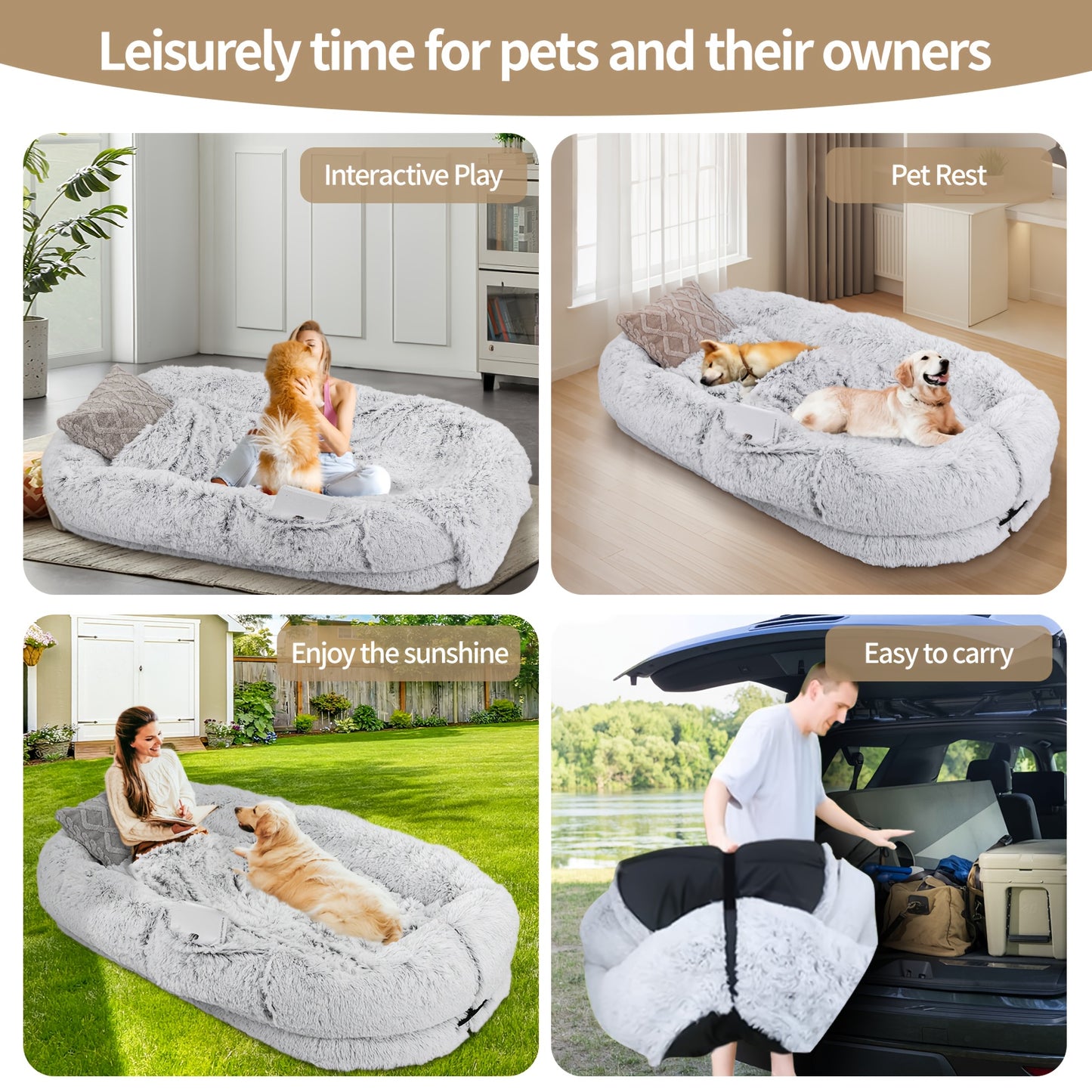 71"x45"x12" Orthopedic Dog Bed for Humans & Pets - Washable Faux Fur Oval Pet Bed with Plush Pillow & Strap, No Assembly Needed, Durable Polyester, Gray - Medium Dogs, Cozy Nap & Resting Spot, Pet Bed for Dogs, Cozy Home Deco