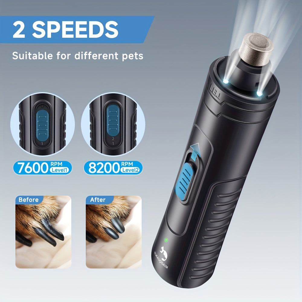[Quiet Electric Nail Grinder] Rechargeable Quiet Electric Dog & Nail Grinder - 3-Stage Grinding System, 3 LED Lights, Safe for Large/Small Dogs, Cats, Small Animals - Pet Nail Trimmer