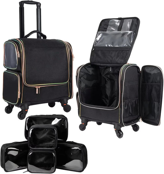 Professional Rolling Makeup Train Case Make Up Storage Bag for Makeup Artist Hairstylist Barbers with 5 Toiletry Bags - Joanie B 25