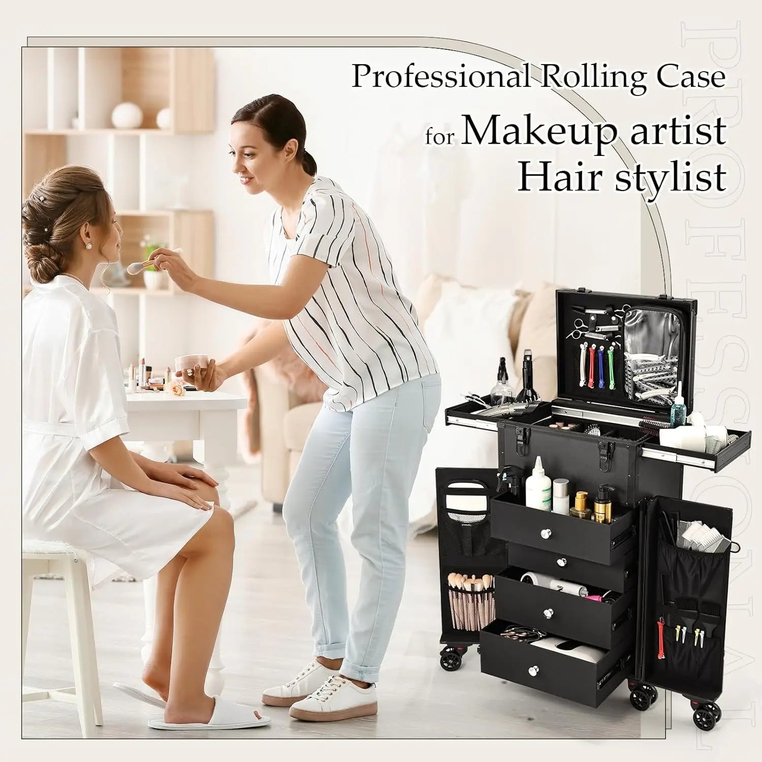 Professional Rolling Makeup Case with Four Drawers Pro Makeup Artist Cosmetic Train Case for Hairstylists and Travel Portable Makeup Station - Joanie B 25