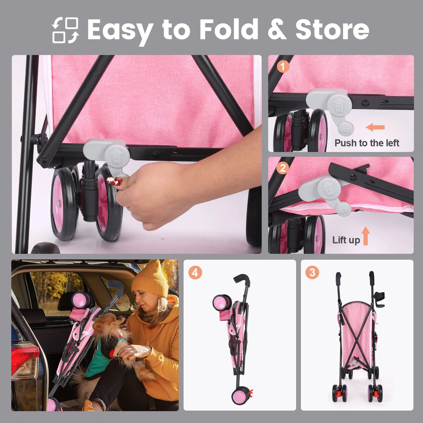 Pet Dog Stroller 4 Wheels Rotating Brakes Storage Travel