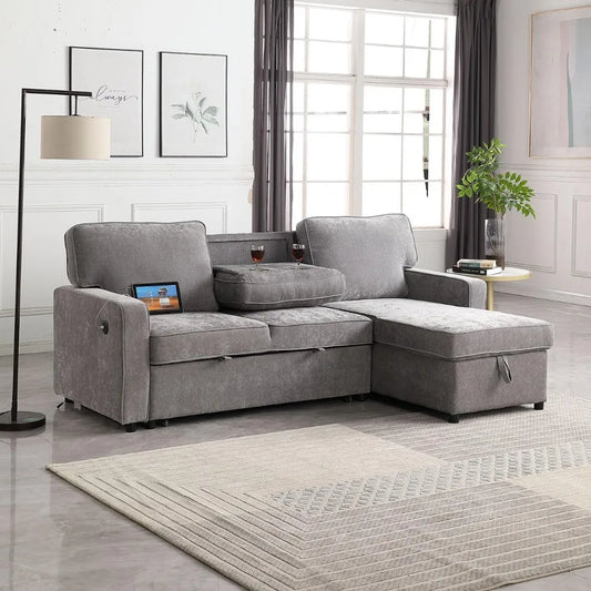 89 Inch Chenille Modern L Shaped Sofa Bed With Storage Chaise USB