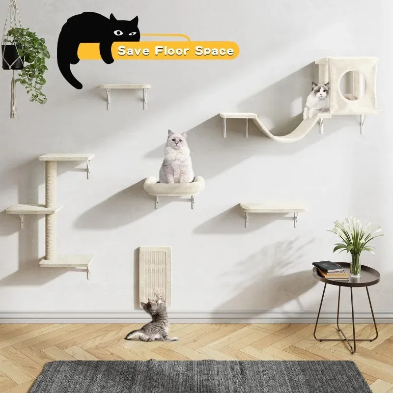 Wall Mounted Cat Furniture Set Six Piece Climber with House Bridge Tree Steps and Scratcher - Joanie B 25