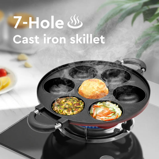 7 Hole Cast Iron Omelette Pan Nonstick Egg Cooker Cake Mold Kitchen Cookware