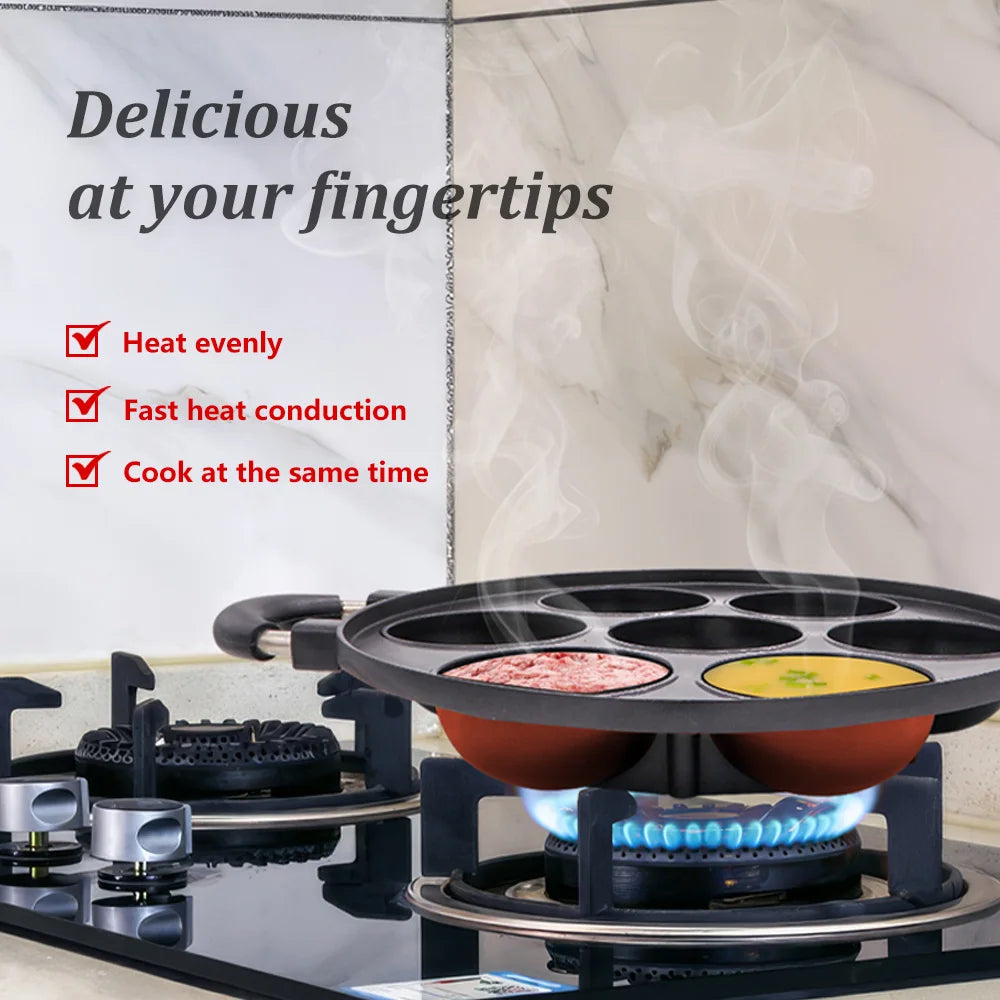 7 Hole Cast Iron Omelette Pan Nonstick Egg Cooker Cake Mold Kitchen Cookware