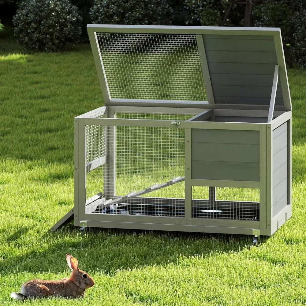 Fashionable Wooden 36-Inch Rabbit Hutch Indoor on Wheels with Clean Tray Openable Roof and Anti-Slip Rails - Joanie B 25
