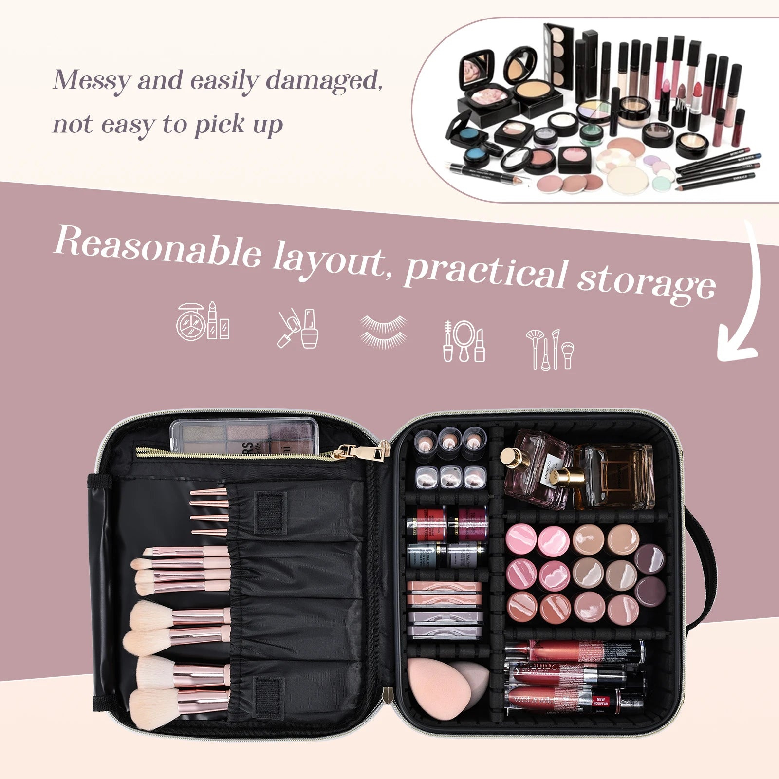 Professional Waterproof Makeup Bag with Adjustable Dividers and Travel Cosmetic Organizer for Brushes and Manicure Supplies - Joanie B 25