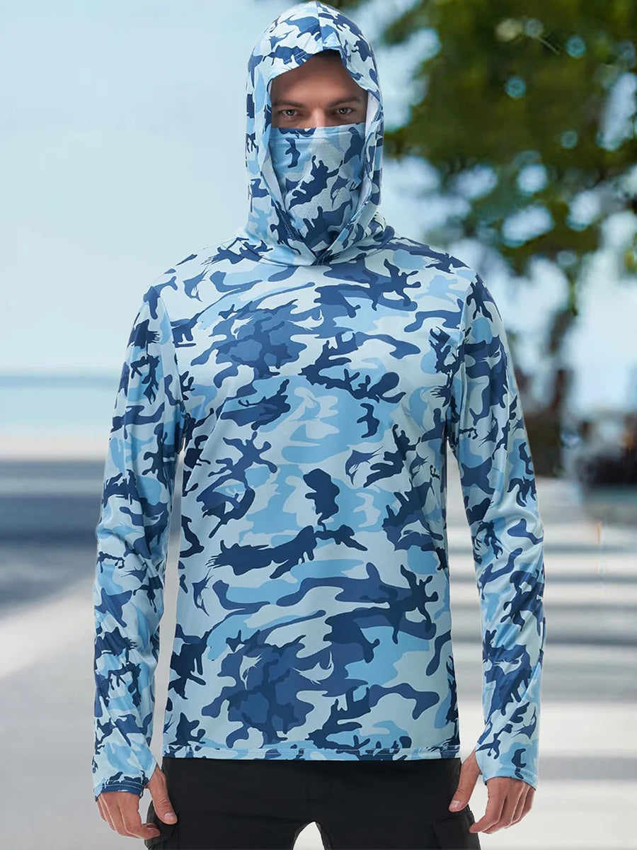 Men's Fishing Shirt Camo Print Hoodie with Built-in Face Mask - Joanie B 25
