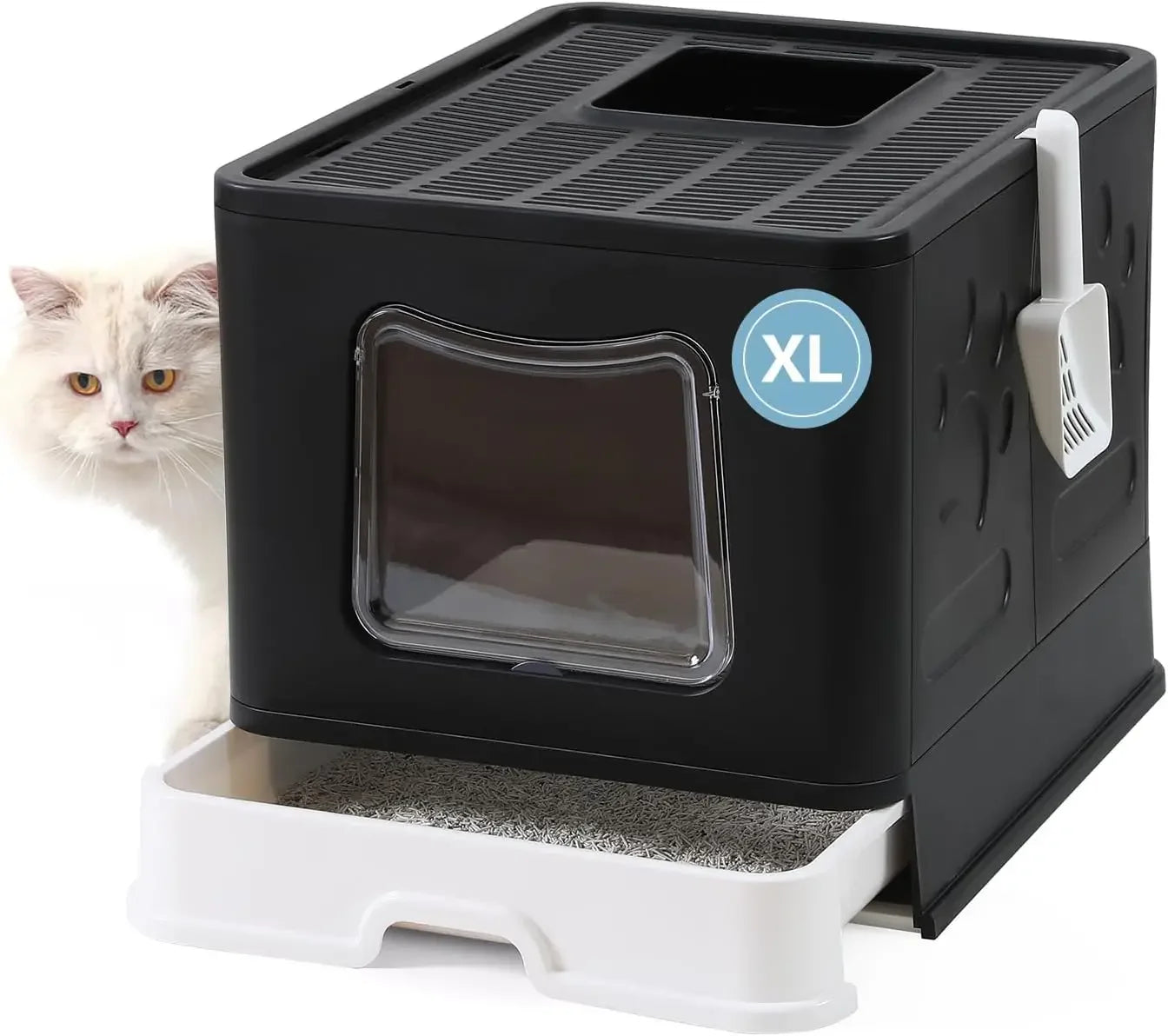 Foldable Cat Litter Box with Lid Extra Large Scoop Drawer Type Pan Easy to Scoop and Low Tracking - Joanie B 25
