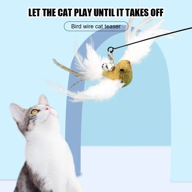 Pet Head Rod Wire Toys for Cats Funny Interactive Cat Accessories Stick with Replaceable Bell Fish Fishing Feather Teaser - Joanie B 25