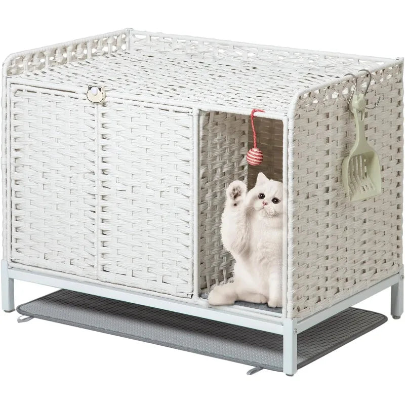 Cat Litter Box Enclosure Furniture with Divider Handwoven Rattan Litter Box with Mat 31.2x19.6x24.2 Inches Metal Heightened - Joanie B 25