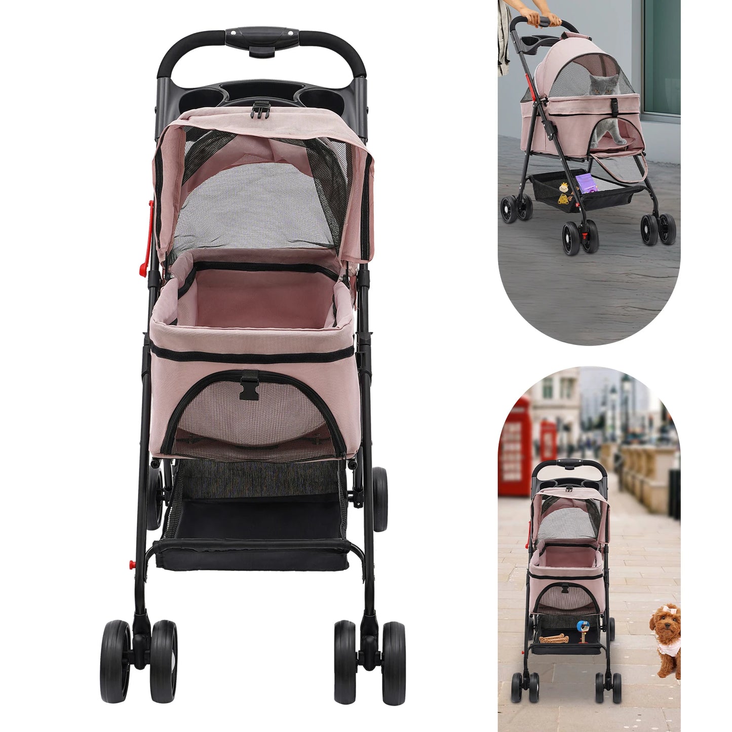Pink Pet Stroller for Cats and Dogs Foldable Puppy Stroller with Storage for Small Medium Pets Up to 30 Pounds - Joanie B 25