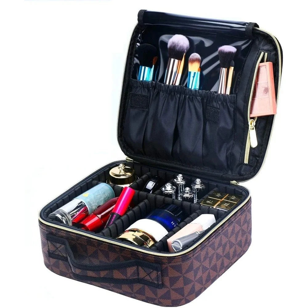 Travel Makeup Train Case Portable Cosmetic Organizer Adjustable Dividers Storage Bag for Brushes Toiletries Jewelry Digital - Joanie B 25