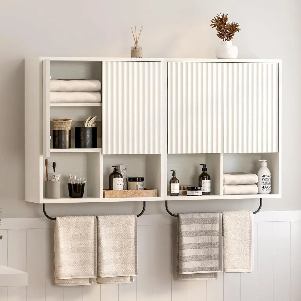Fluted Wall Cabinet, Modern Medicine Cabinet Bathroom with Doors and Adjustable Shelf Towel Rack Wood Storage Cabinet White