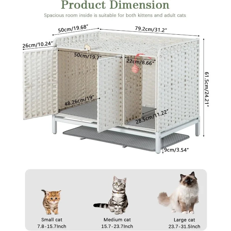 Cat Litter Box Enclosure Furniture with Divider Handwoven Rattan Litter Box with Mat 31.2x19.6x24.2 Inches Metal Heightened - Joanie B 25
