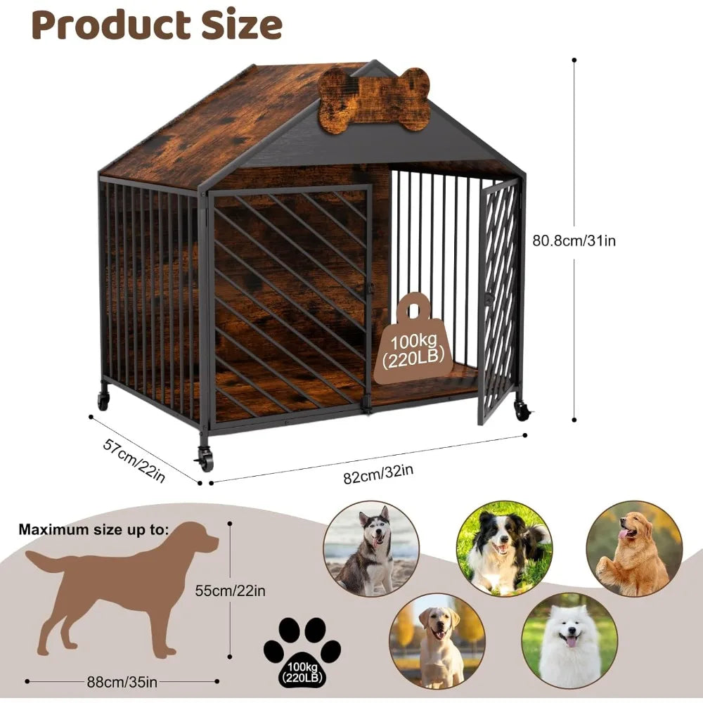 Furniture-Style Dog Crate with Gable Roof Design, Double Locking Doors Indoor Kennel for Small & Medium Dogs, Chew-Proof Escape-