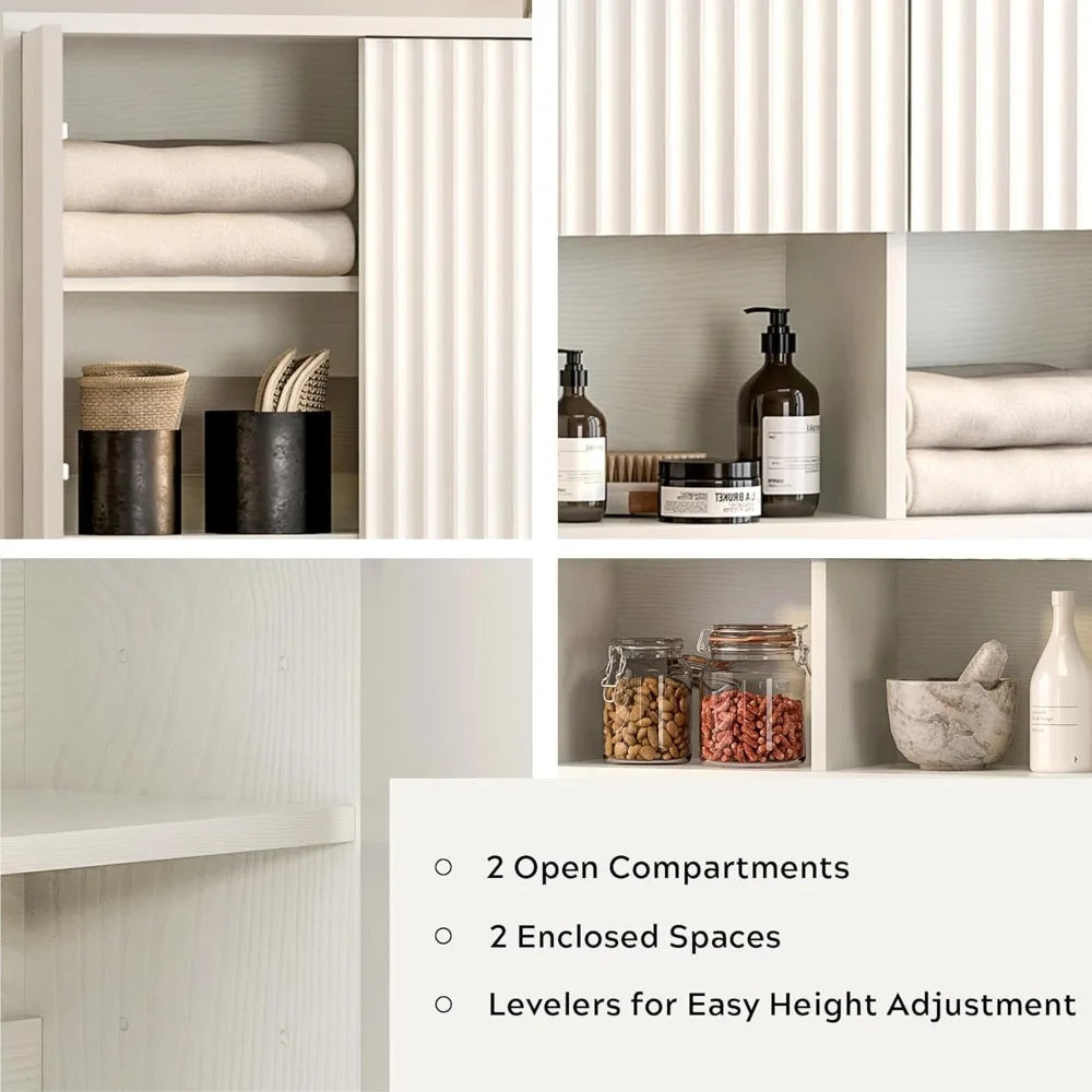 Fluted Wall Cabinet, Modern Medicine Cabinet Bathroom with Doors and Adjustable Shelf Towel Rack Wood Storage Cabinet White