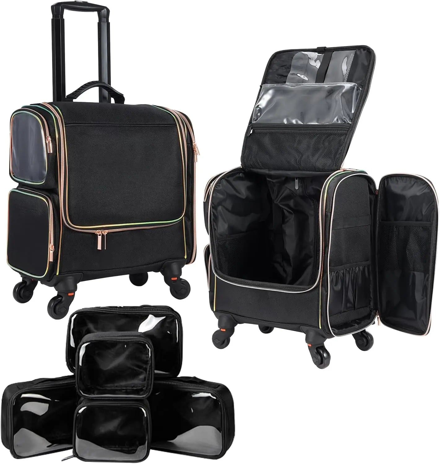 Professional Rolling Makeup Train Case Make Up Storage Bag for Makeup Artist Hairstylist Barbers with 5 Toiletry Bags - Joanie B 25