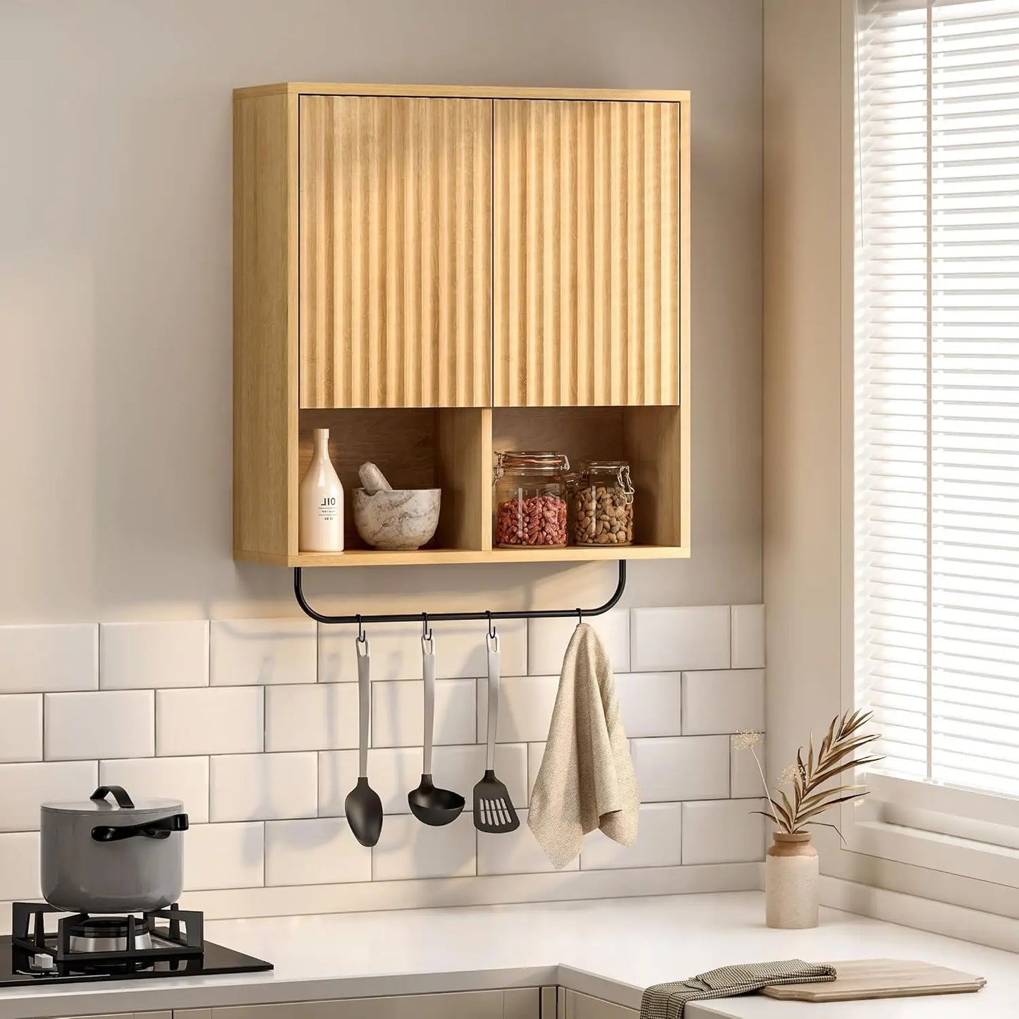 Fluted Wall Cabinet, Modern Medicine Cabinet Bathroom with Doors and Adjustable Shelf Towel Rack Wood Storage Cabinet White