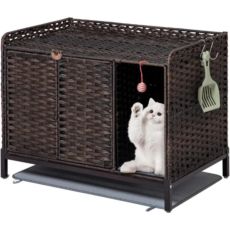 Cat Litter Box Enclosure Furniture with Divider Handwoven Rattan Litter Box with Mat 31.2x19.6x24.2 Inches Metal Heightened - Joanie B 25
