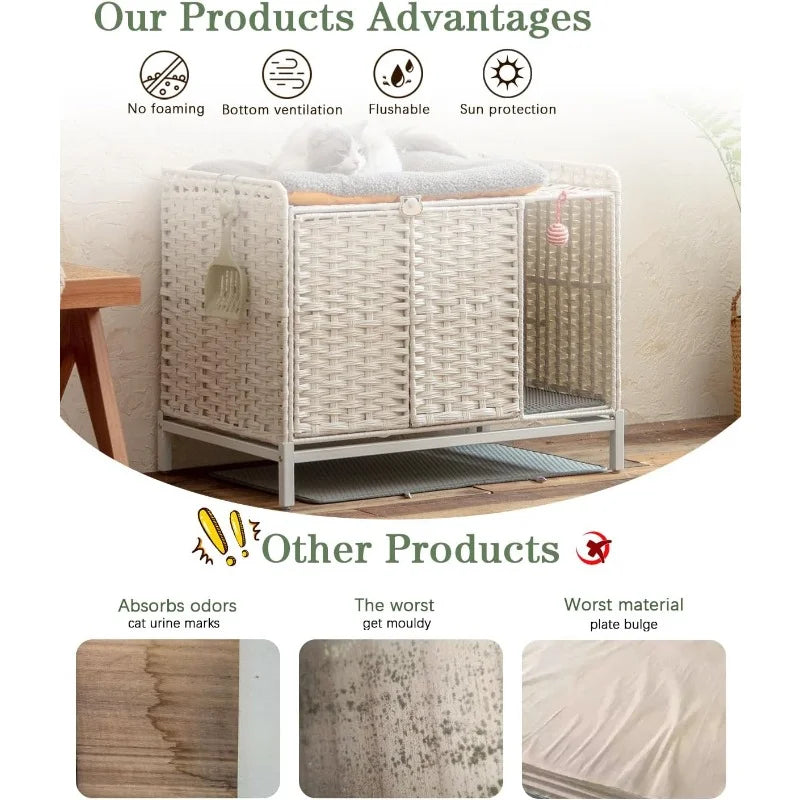 Cat Litter Box Enclosure Furniture with Divider Handwoven Rattan Litter Box with Mat 31.2x19.6x24.2 Inches Metal Heightened - Joanie B 25