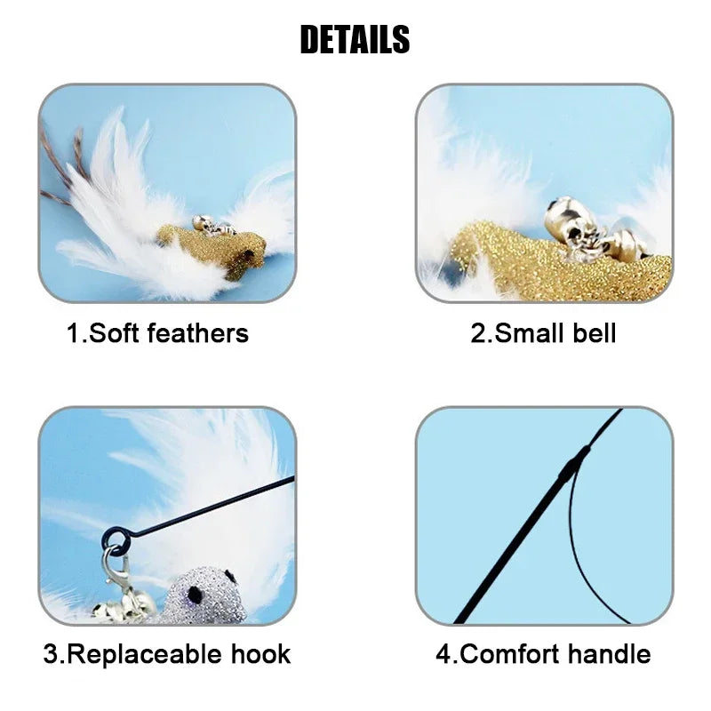 Pet Head Rod Wire Toys for Cats Funny Interactive Cat Accessories Stick with Replaceable Bell Fish Fishing Feather Teaser - Joanie B 25