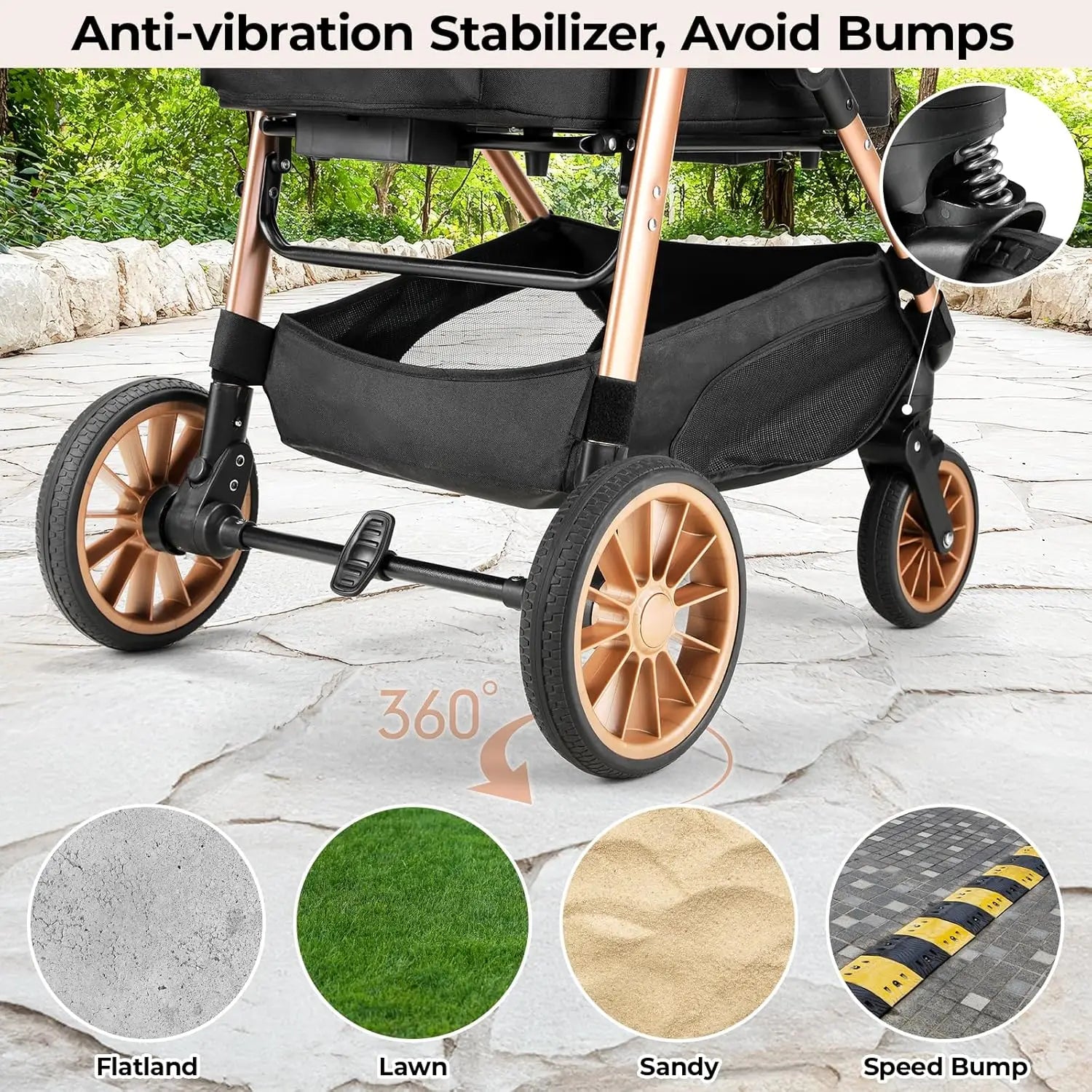 360 Degree Rubber Wheels and Shock Absorption Dog Buggy Stroller Foldable Pet Carrier for Small Dogs and Cats Up to 40 Kilograms - Joanie B 25
