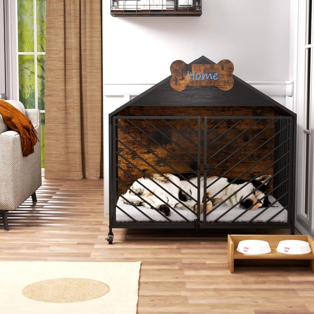 Furniture-Style Dog Crate with Gable Roof Design, Double Locking Doors Indoor Kennel for Small & Medium Dogs, Chew-Proof Escape-