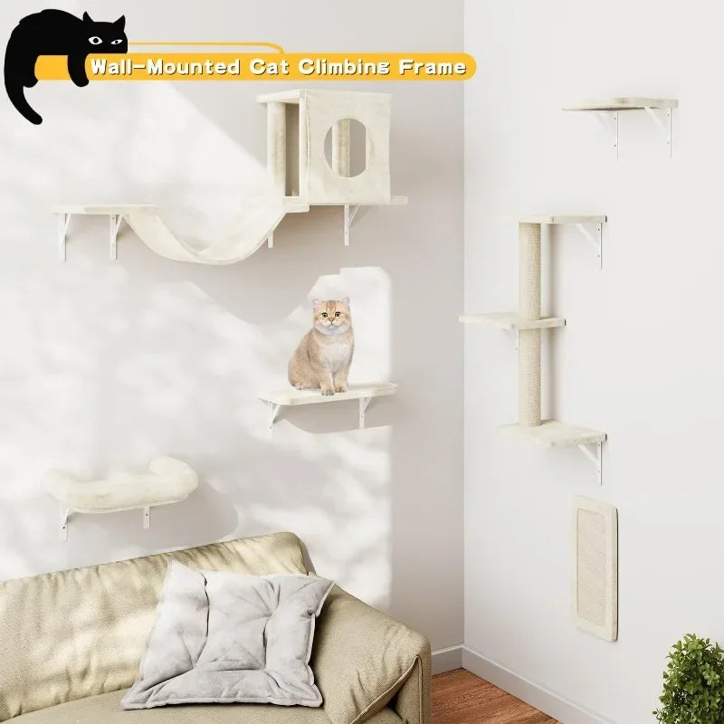 Wall Mounted Cat Furniture Set Six Piece Climber with House Bridge Tree Steps and Scratcher - Joanie B 25