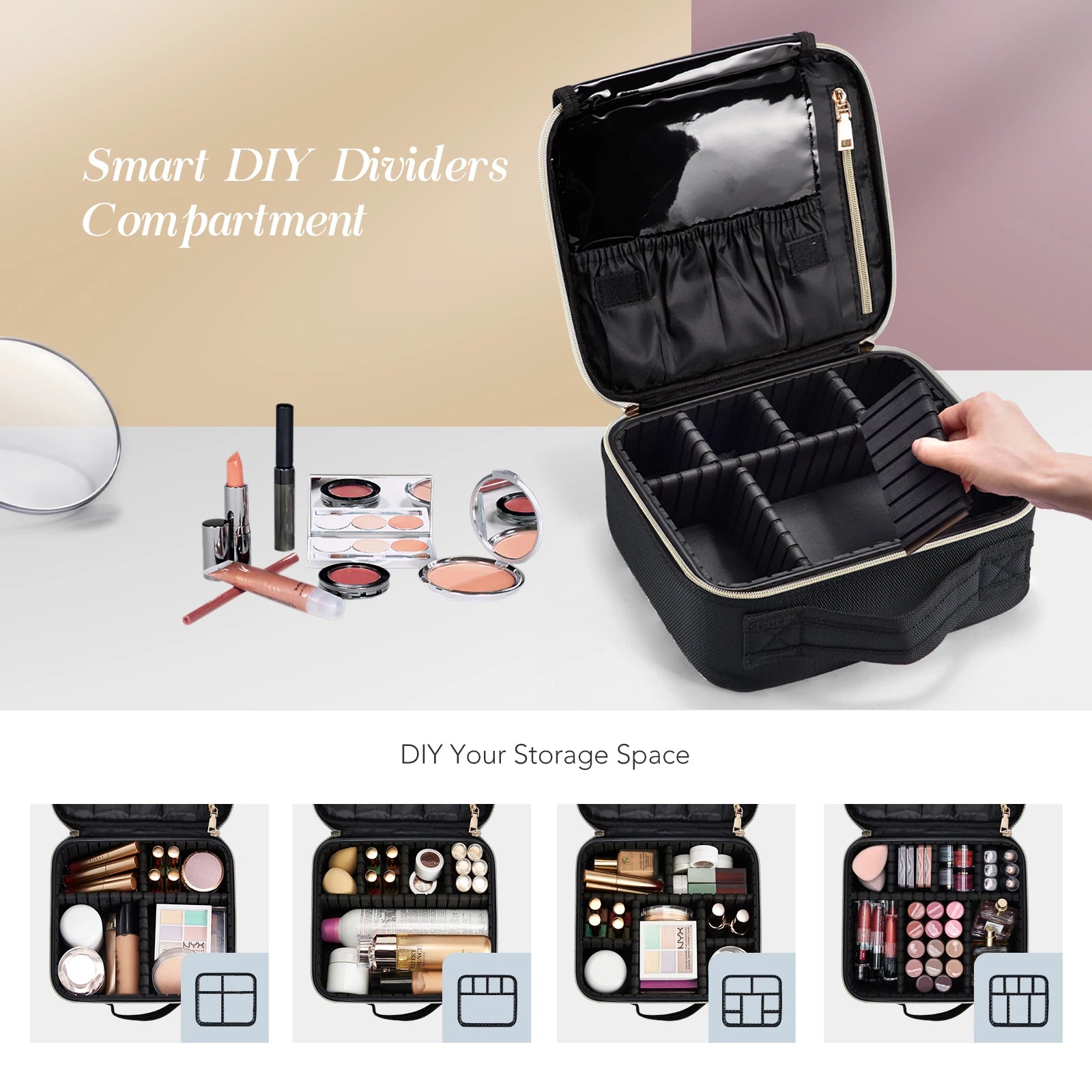 Professional Waterproof Makeup Bag with Adjustable Dividers and Travel Cosmetic Organizer for Brushes and Manicure Supplies - Joanie B 25