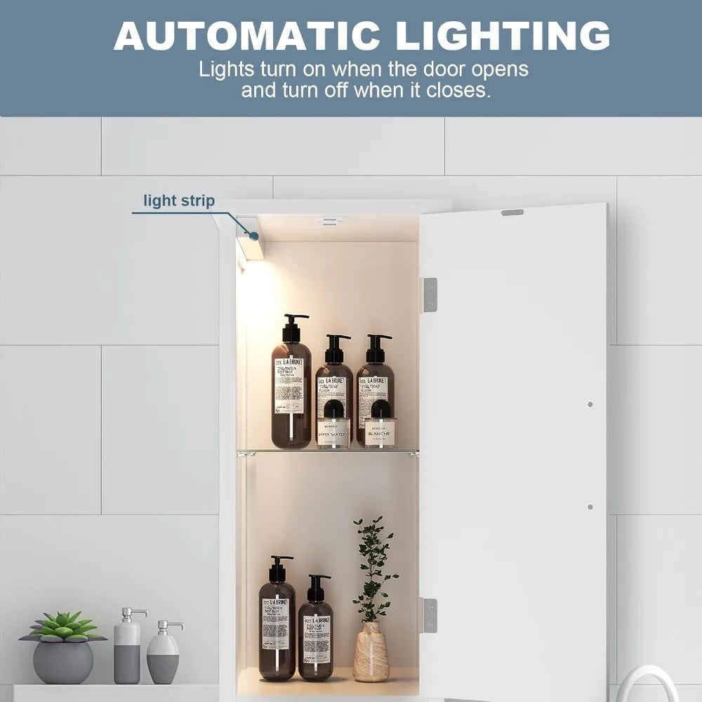 67" Tall Bathroom Storage Cabinet with Lights, Slim Narrow Bathroom Cabinet Organizer with Doors and Adjustable Shelves, White