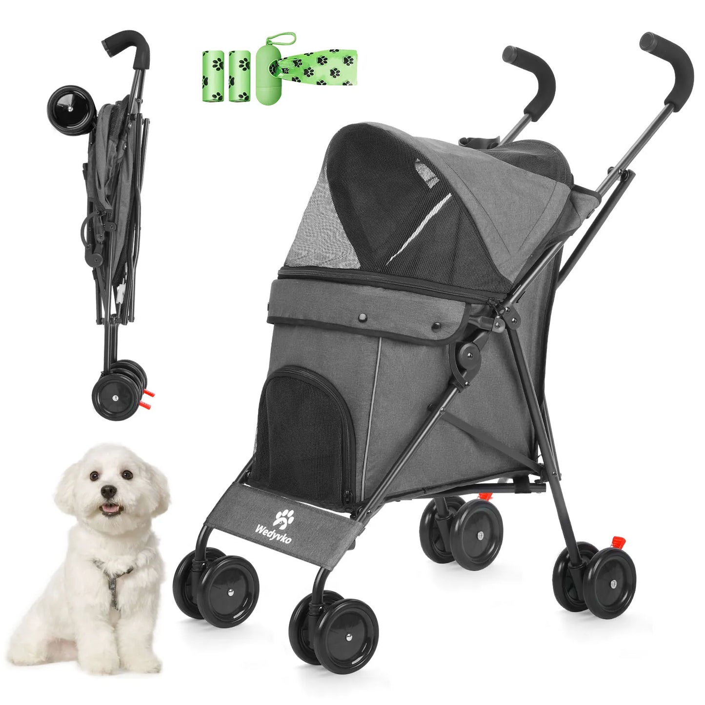 Pet Dog Stroller 4 Wheels Rotating Brakes Storage Travel