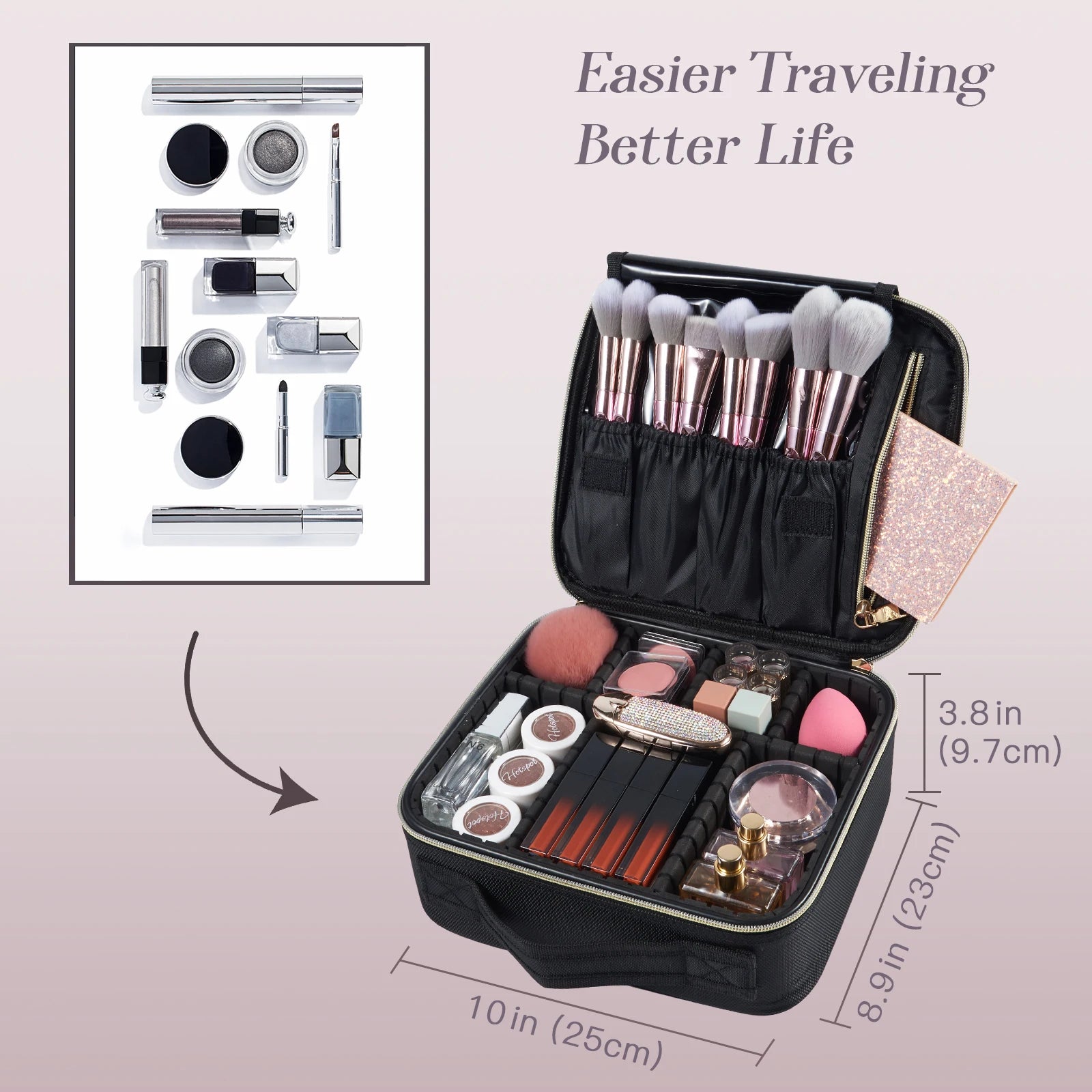Professional Waterproof Makeup Bag with Adjustable Dividers and Travel Cosmetic Organizer for Brushes and Manicure Supplies - Joanie B 25
