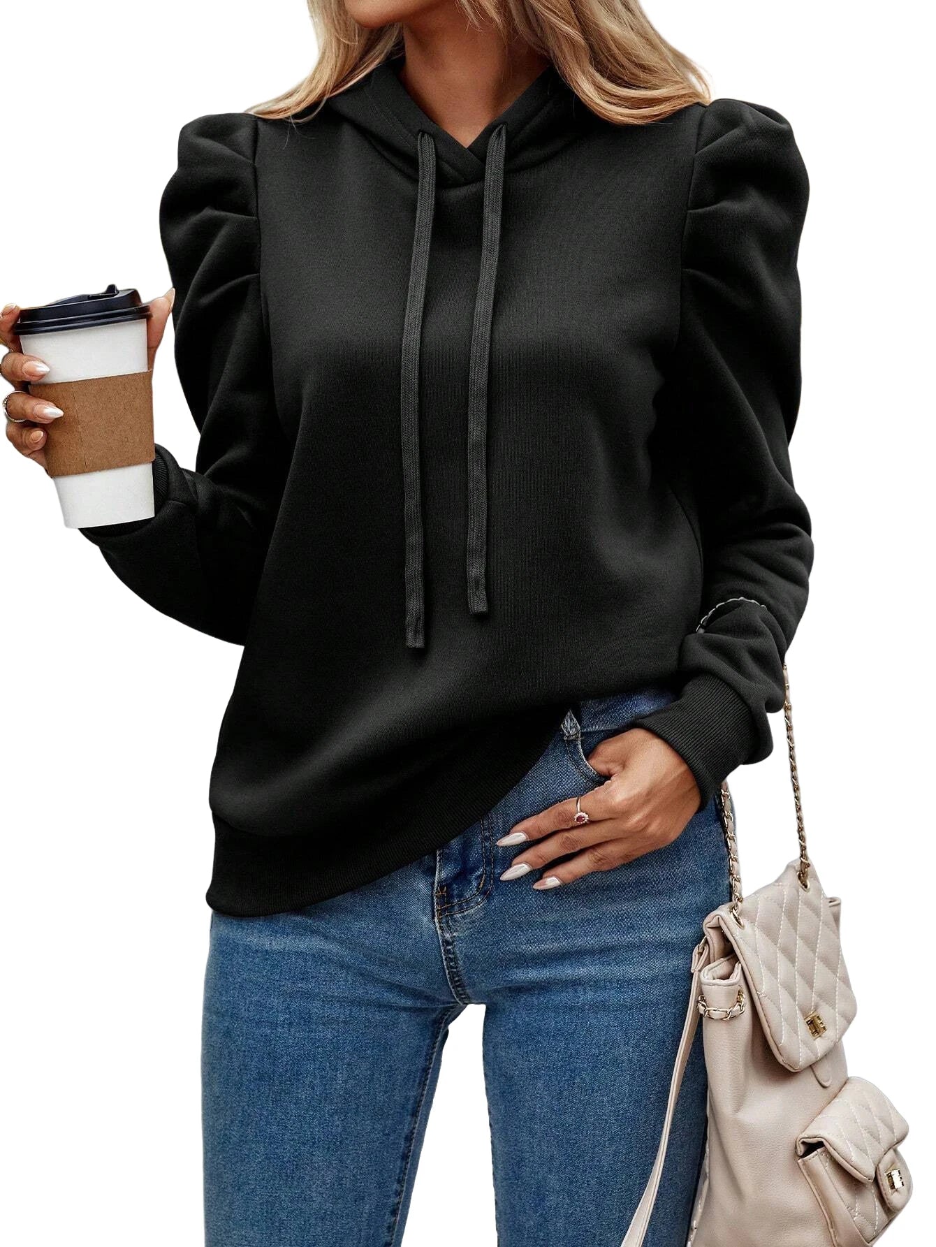 Women Casual Hoodies Long Ruffle Sleeve Solid Lightweight Pullover Tops Loose Sweatshirt with Drawstrings - Joanie B 25