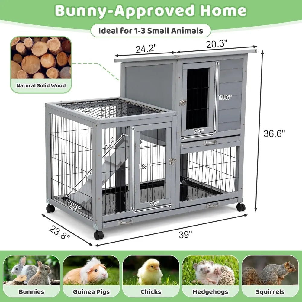 Large 39 Inch Wooden Rabbit Hutch Indoor Outdoor Two-Story Bunny Cage with Wheels Removable Trays and Easy Assembly - Joanie B 25