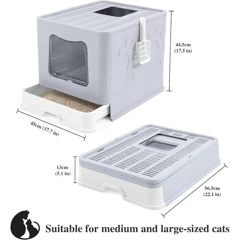 Foldable Cat Litter Box with Lid Extra Large Scoop Drawer Type Pan Easy to Scoop and Low Tracking - Joanie B 25