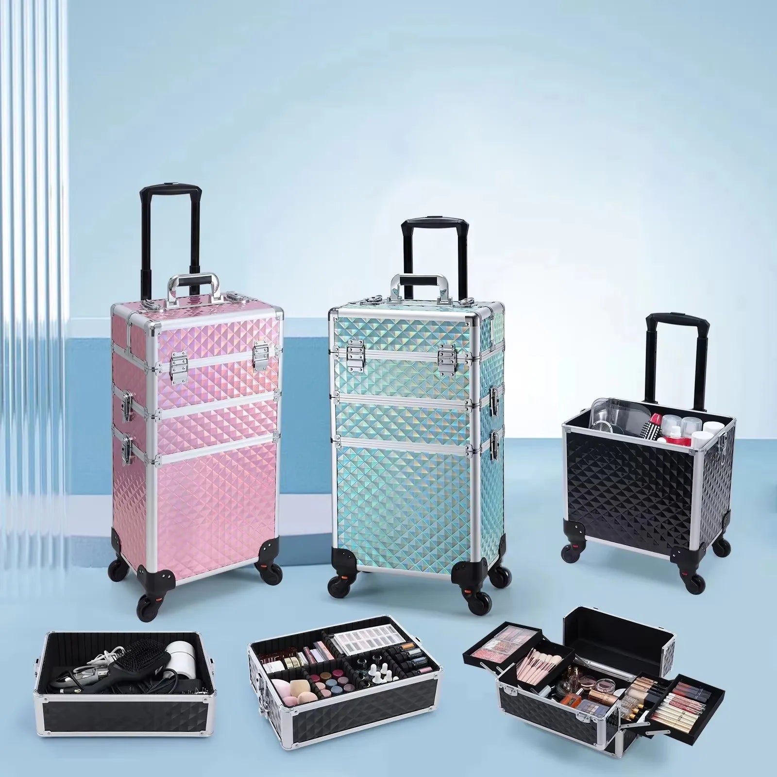 Rolling Makeup Case 3 In 1 Removable Make Up Case Cosmetology Case On Wheels Large Capacity Lockable Makeup Trolley For Salon - Joanie B 25