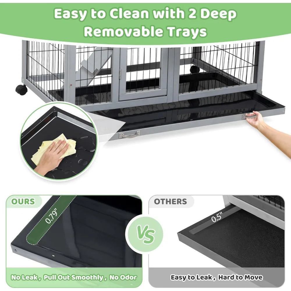 Large 39 Inch Wooden Rabbit Hutch Indoor Outdoor Two-Story Bunny Cage with Wheels Removable Trays and Easy Assembly - Joanie B 25