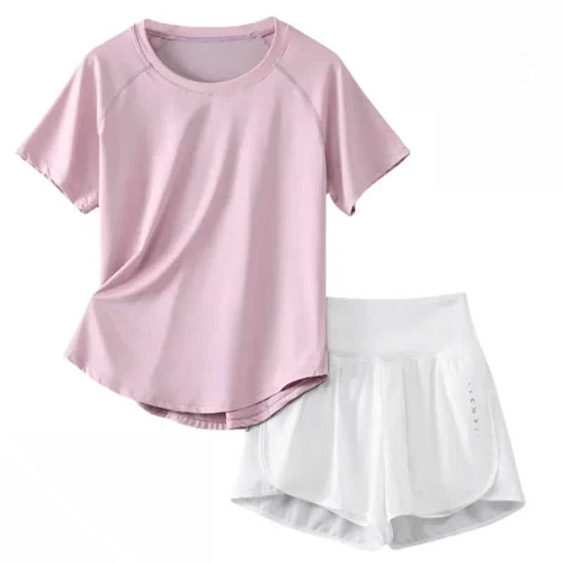 2 Piece Yoga Set Women Summer Sportswear Short Sleeve Top And Shorts