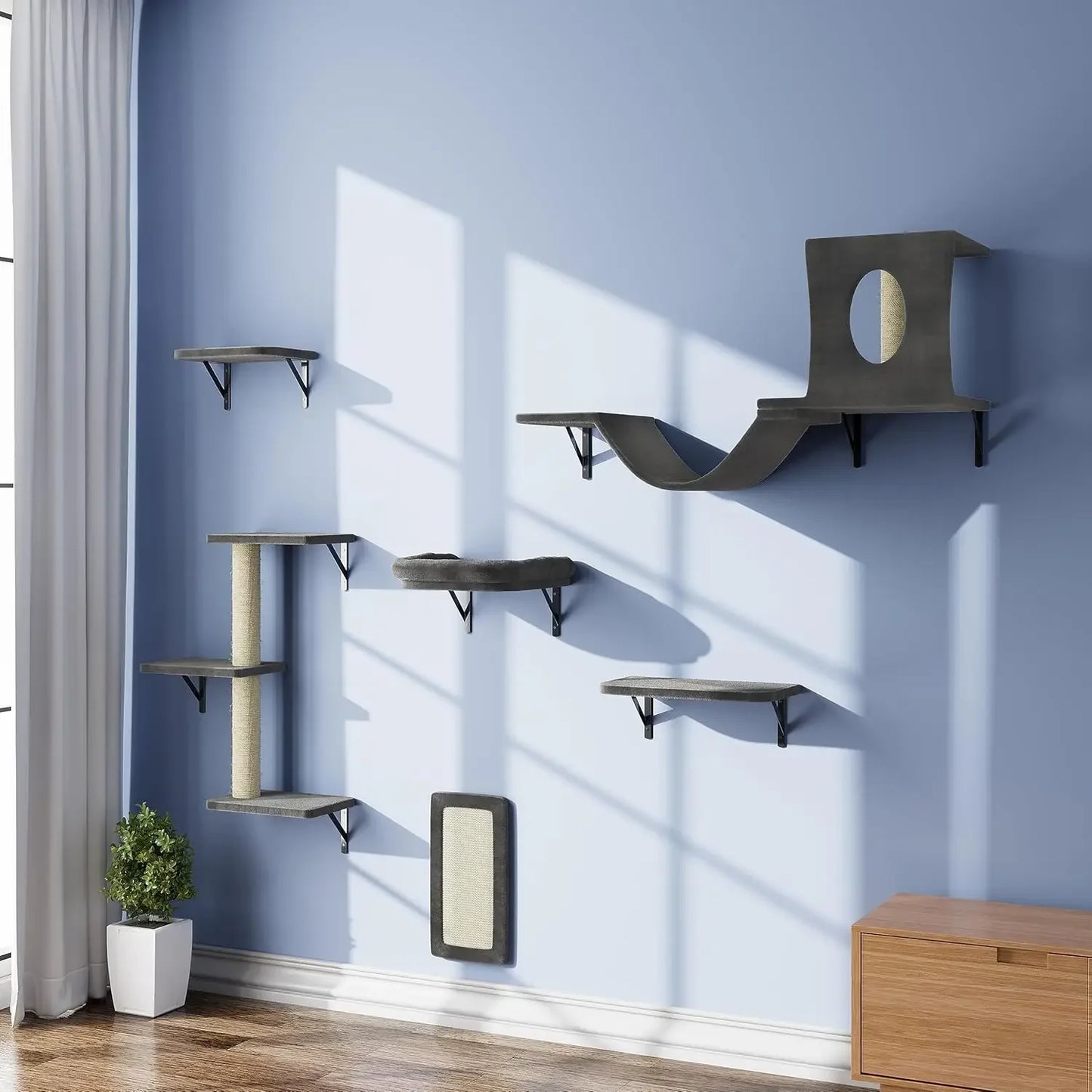 Wall Mounted Cat Furniture Set Six Piece Climber with House Bridge Tree Steps and Scratcher - Joanie B 25