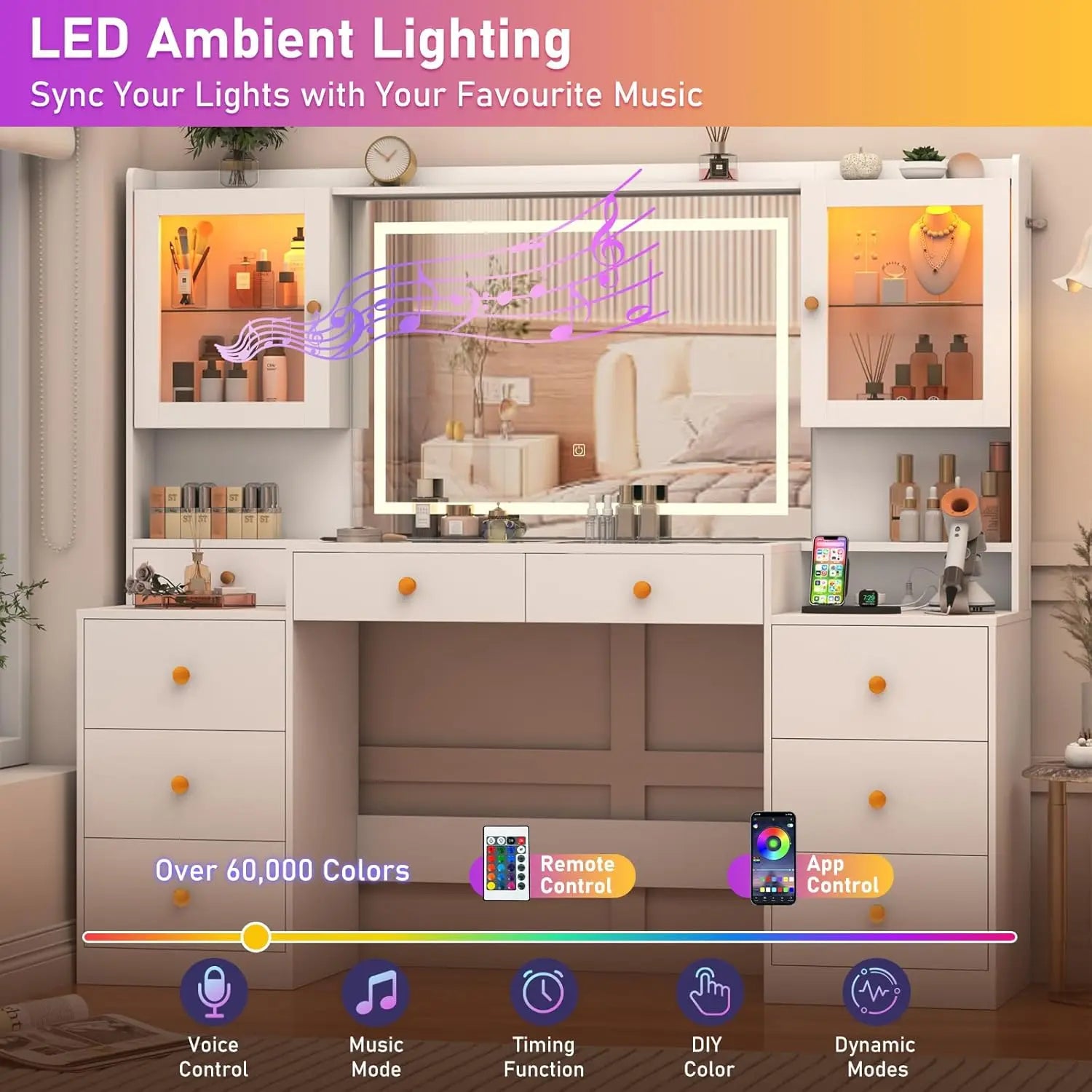 62 Inch Large White Vanity Desk with Tempered Glass Top and 60000-Color LED Lights Makeup Vanity with Power Outlet and 3 Light Mode LED Mirror - Joanie B 25