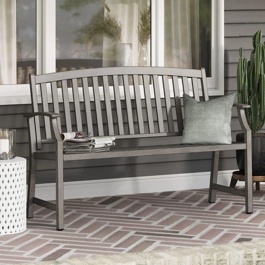 52 Inch Farmhouse Outdoor Bench Garden Bench with Faux Wood Grain Finish Frame and Aluminum Backrest for Front Porch - Joanie B 25
