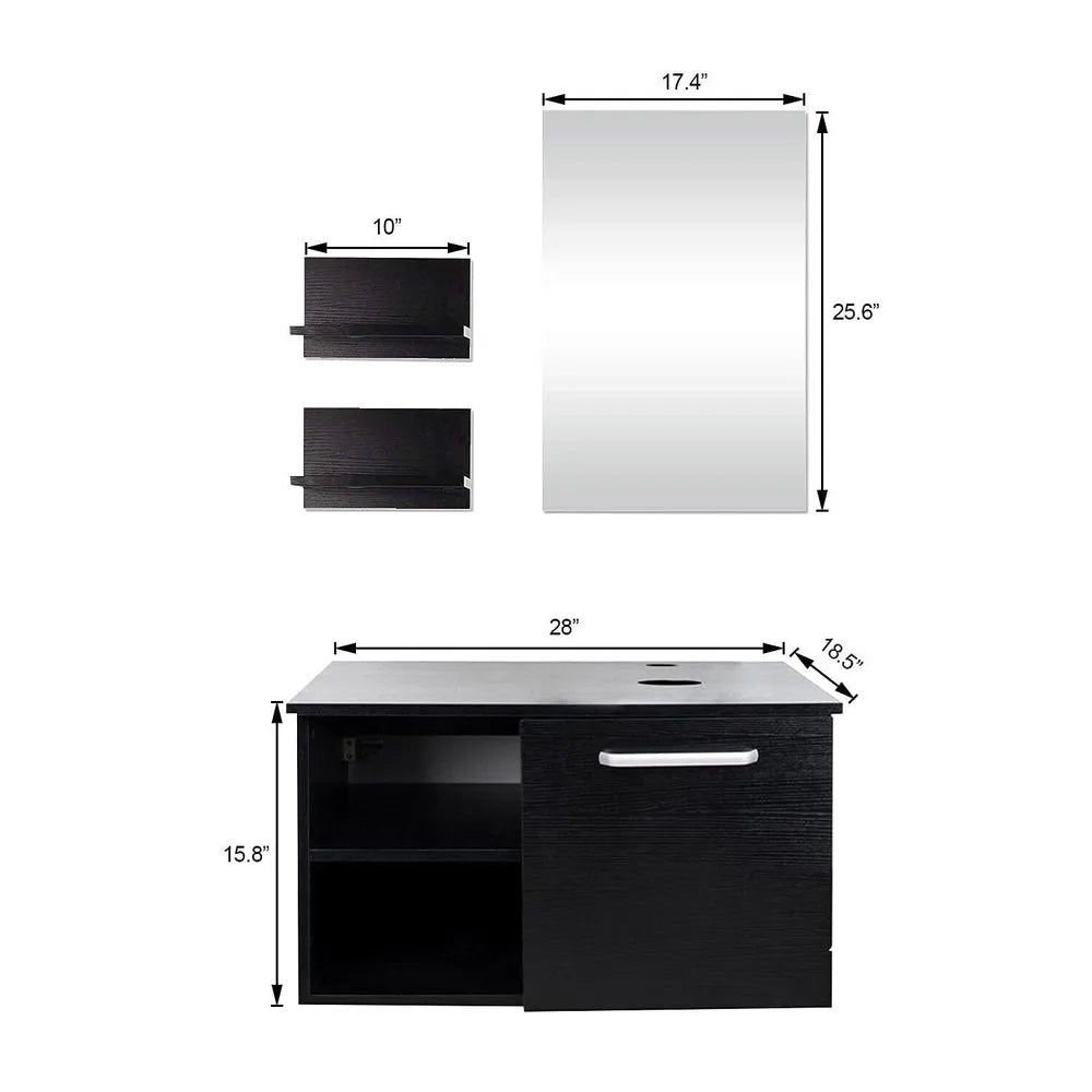 28'' Floating Bathroom Vanity Black Cabinet with Sink Vessel Side Shelves Mirror - Joanie B 25