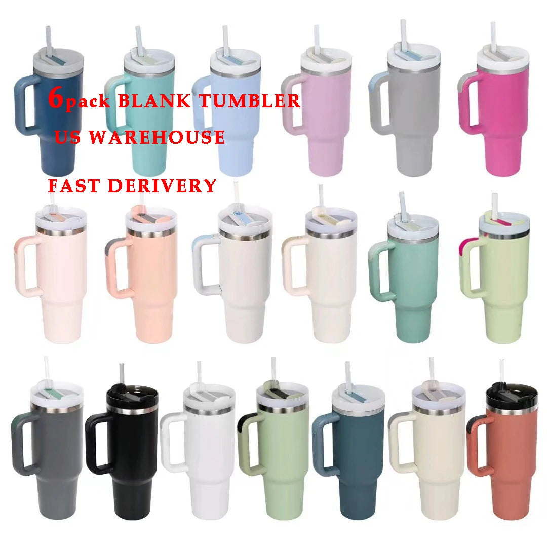 6 Pack 40oz Stainless Steel Double Wall Tumbler With Handle Keeps Cold Longer