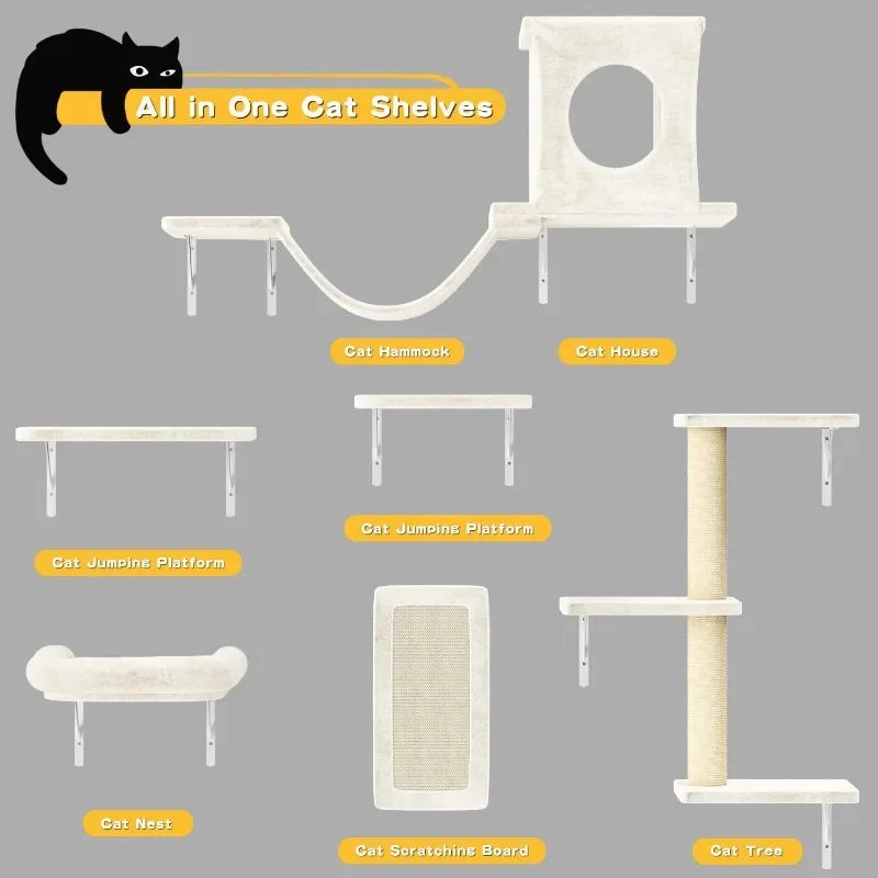 Wall Mounted Cat Furniture Set Six Piece Climber with House Bridge Tree Steps and Scratcher - Joanie B 25