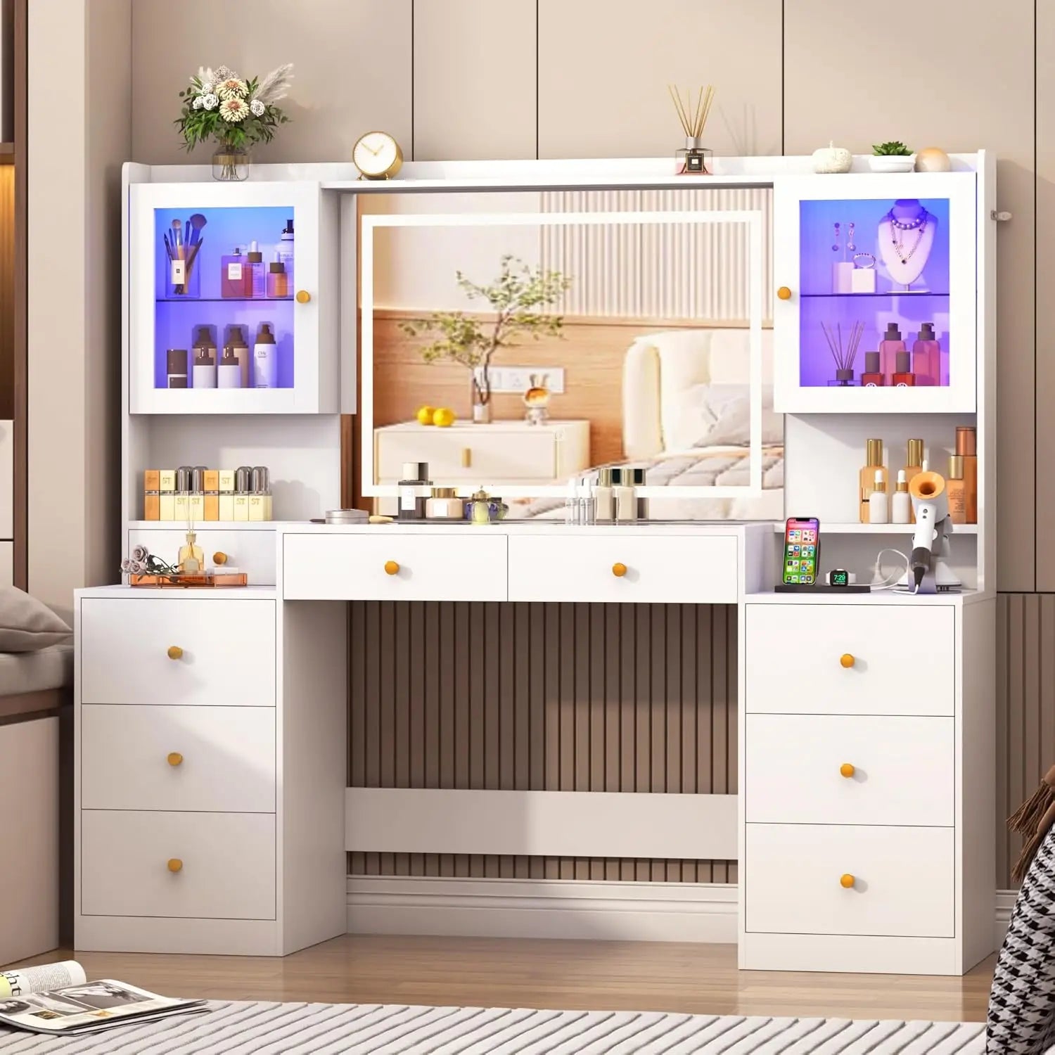 62 Inch Large White Vanity Desk with Tempered Glass Top and 60000-Color LED Lights Makeup Vanity with Power Outlet and 3 Light Mode LED Mirror - Joanie B 25